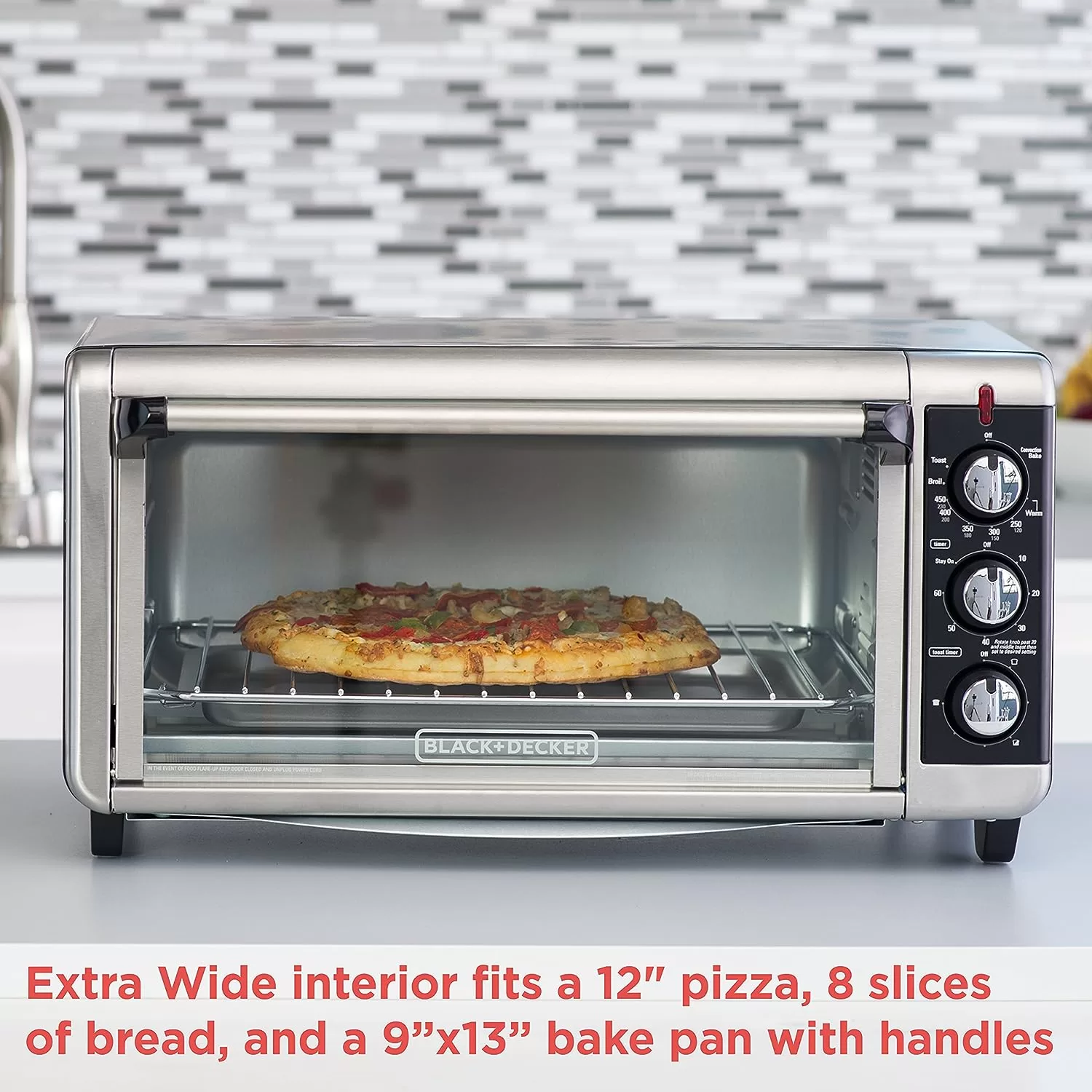 BLACK+DECKER TO3250XSB 8-Slice Extra Wide Convection Countertop Toaster Oven, Includes Bake Pan, Broil Rack & Toasting Rack, Stainless Steel/Black