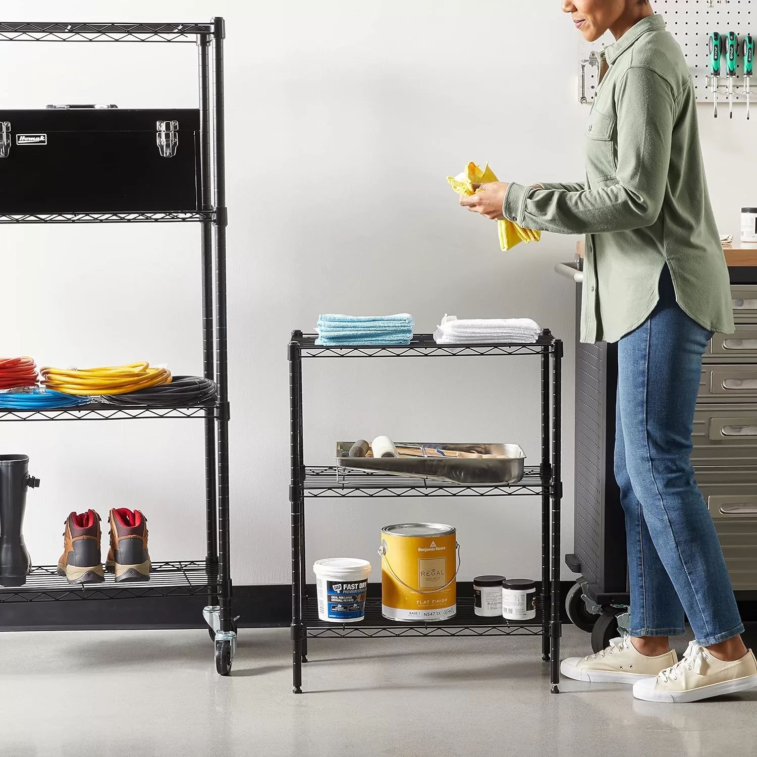 Amazon Basics 3-Shelf Narrow Adjustable, Heavy Duty Storage Shelving Unit , Black, 23.2"L x 13.4"W x 30"H