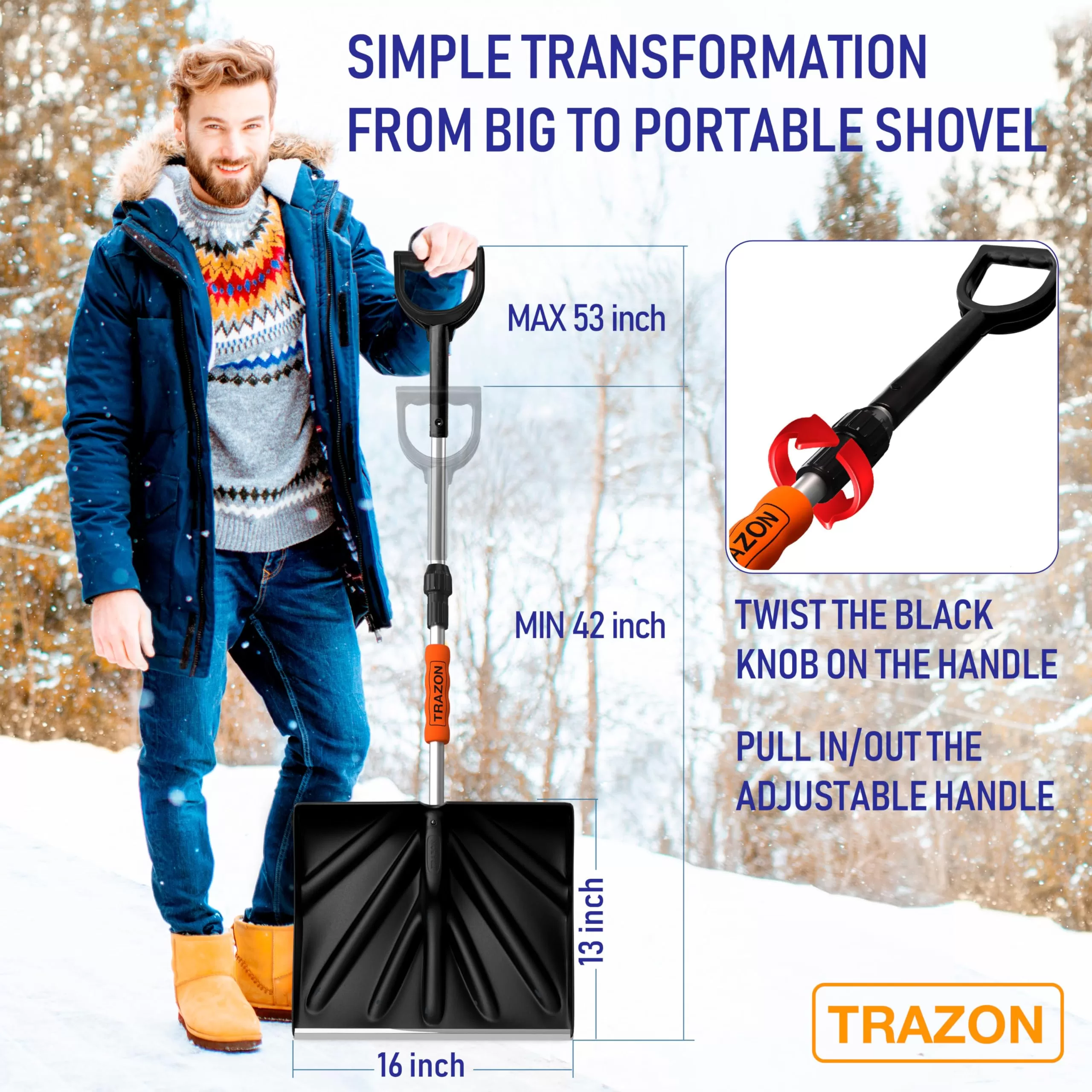 Trazon Snow Shovel for Driveway Car Home Garage - Portable Folding Snow Shovel (Black)