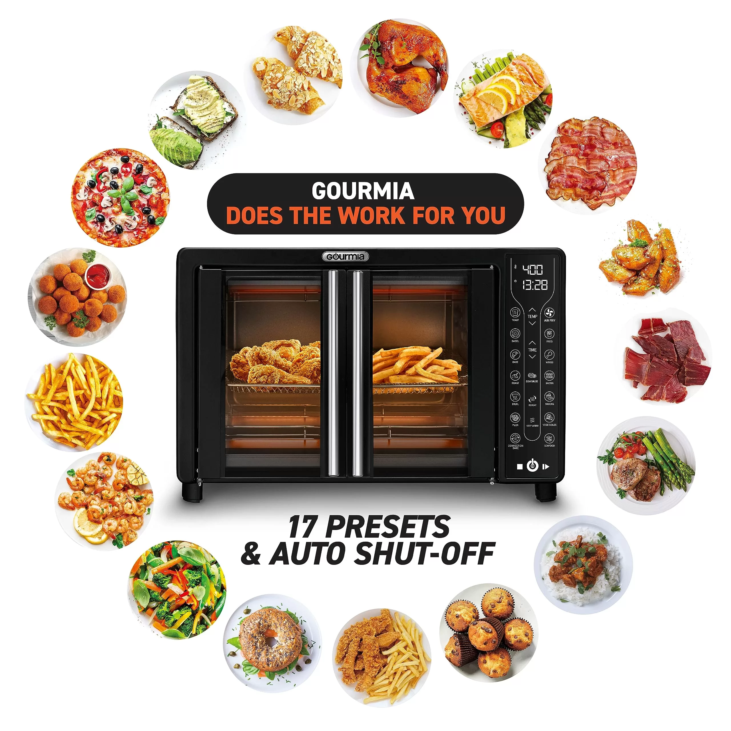 Gourmia Toaster Oven Air Fryer Combo 17 cooking presets 1700W french door digital air fryer oven 24L capacity accessories