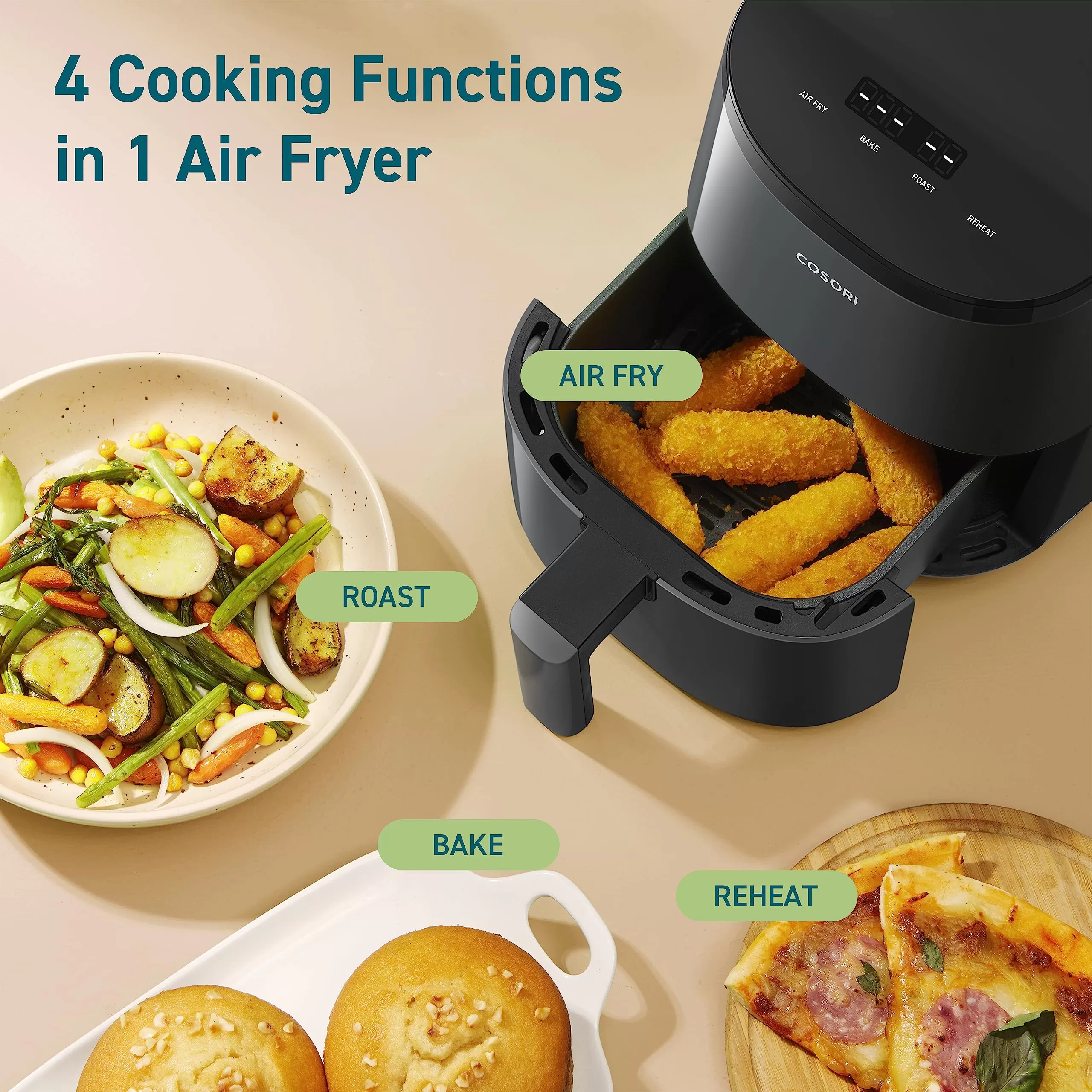 Cosori Mini Air Fryer 2.1 Qt, 4-in-1 Small Airfryer, Bake, Roast, Reheat, Space-saving & Low-noise, Gray
