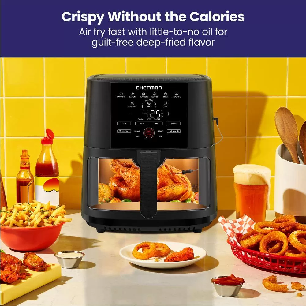 Chefman 8 qt. Black Air Fryer with Probe Thermometer, 8-Preset Functions, 1-Touch Digital Display, and Window
