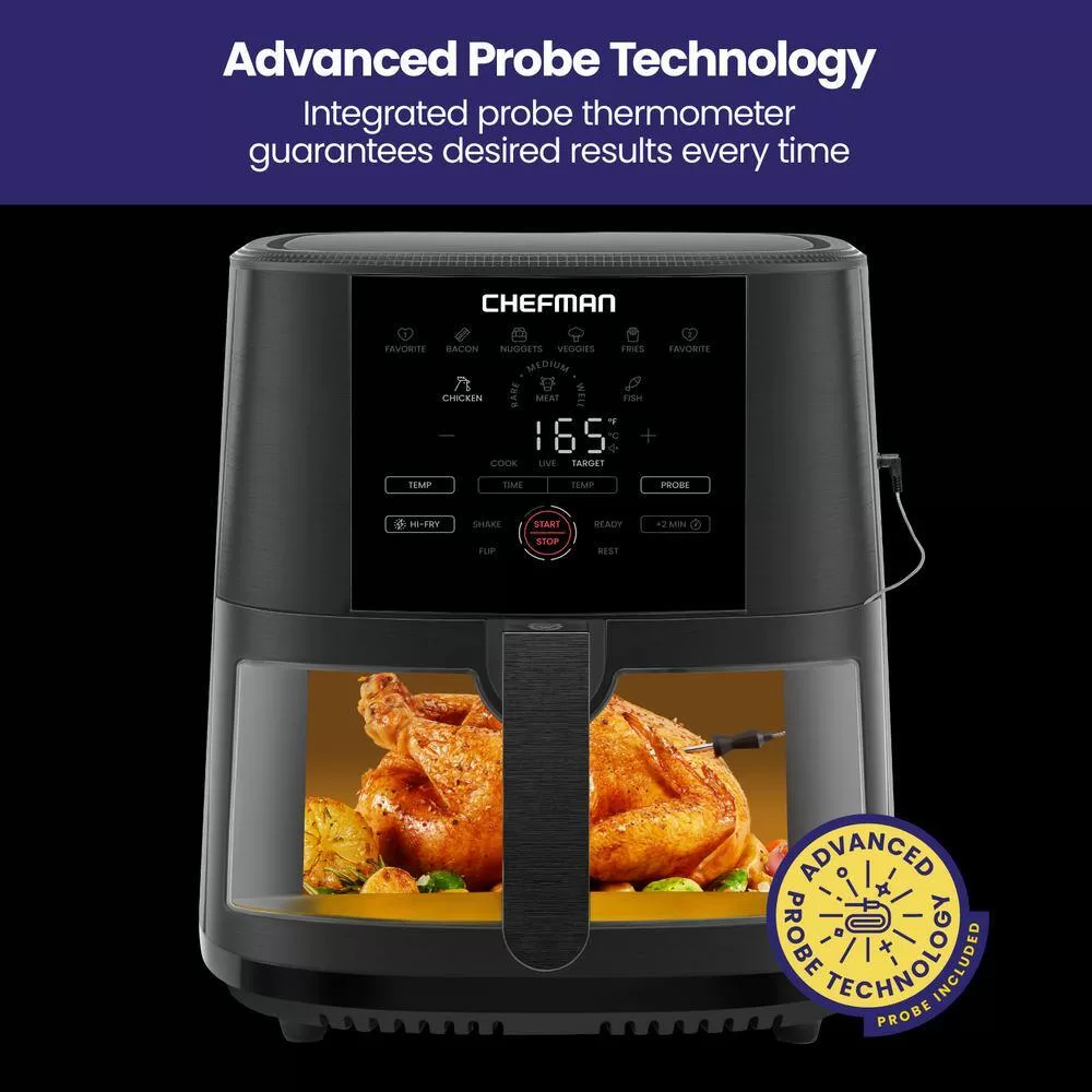 Chefman 8 qt. Black Air Fryer with Probe Thermometer, 8-Preset Functions, 1-Touch Digital Display, and Window