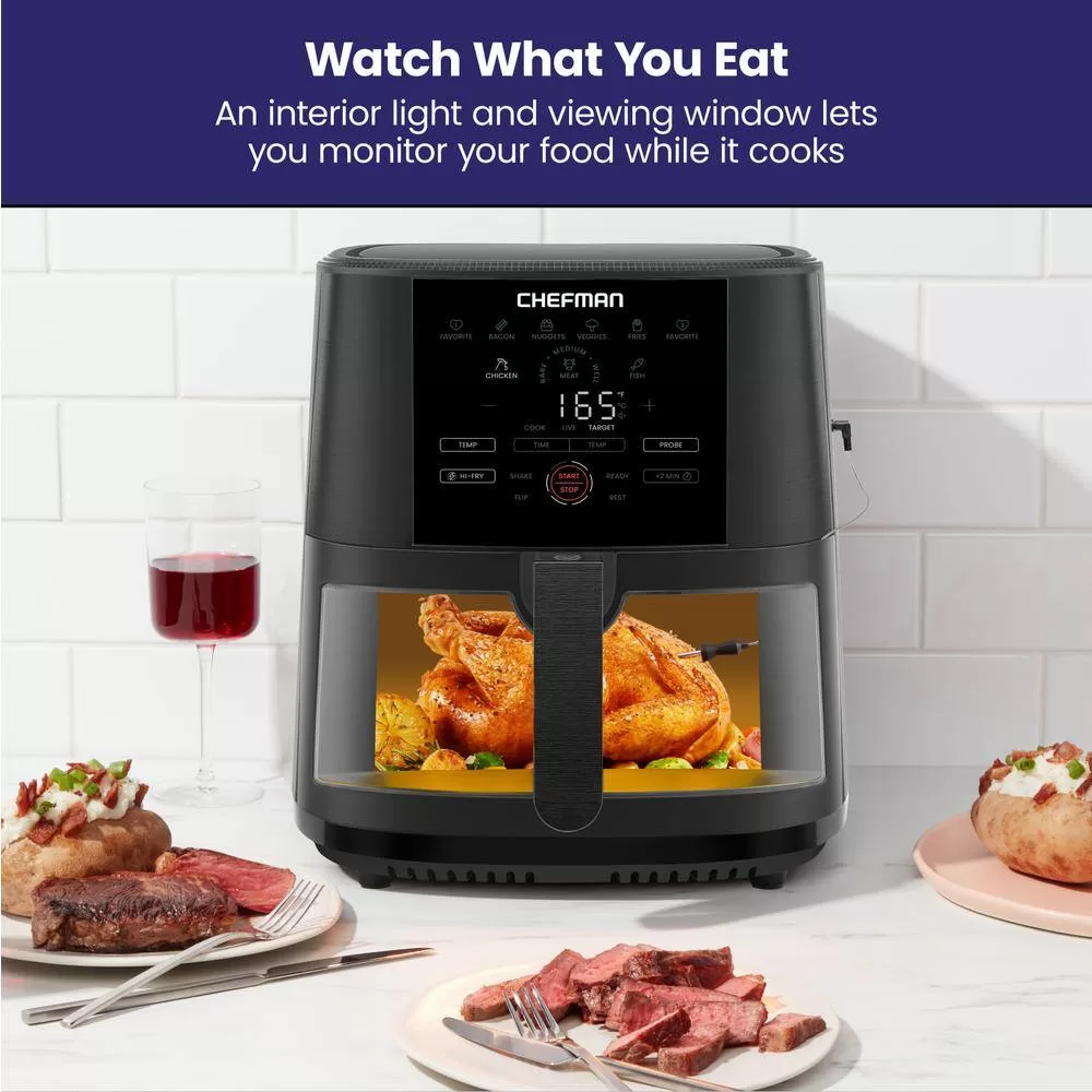 Chefman 8 qt. Black Air Fryer with Probe Thermometer, 8-Preset Functions, 1-Touch Digital Display, and Window