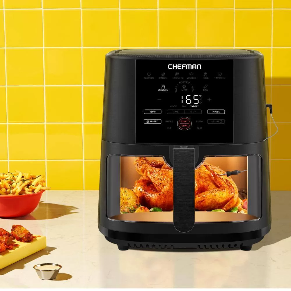 Chefman 8 qt. Black Air Fryer with Probe Thermometer, 8-Preset Functions, 1-Touch Digital Display, and Window