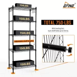 EFINE RL100-5 Black 5-Tier Carbon Steel Wire Garage Storage Shelving Unit with 8 Hooks (23.6 in. W x 59 in. H x 14 in. D)