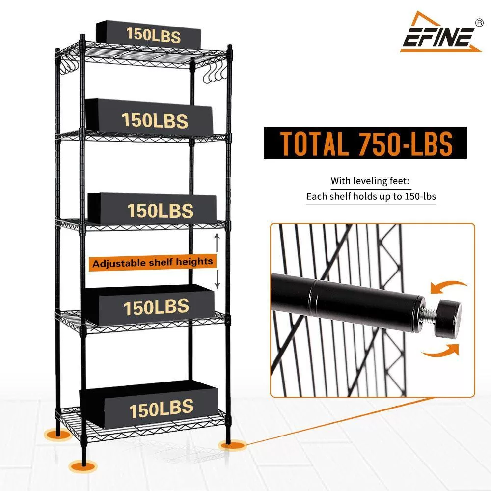 EFINE RL100-5 Black 5-Tier Carbon Steel Wire Garage Storage Shelving Unit with 8 Hooks (23.6 in. W x 59 in. H x 14 in. D)