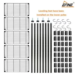 EFINE RL100-5 Black 5-Tier Carbon Steel Wire Garage Storage Shelving Unit with 8 Hooks (23.6 in. W x 59 in. H x 14 in. D)