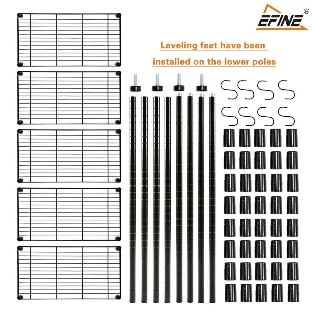 EFINE RL100-5 Black 5-Tier Carbon Steel Wire Garage Storage Shelving Unit with 8 Hooks (23.6 in. W x 59 in. H x 14 in. D)