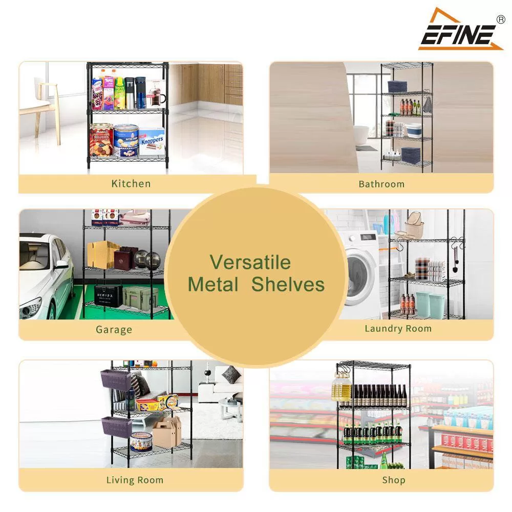 EFINE RL100-5 Black 5-Tier Carbon Steel Wire Garage Storage Shelving Unit with 8 Hooks (23.6 in. W x 59 in. H x 14 in. D)