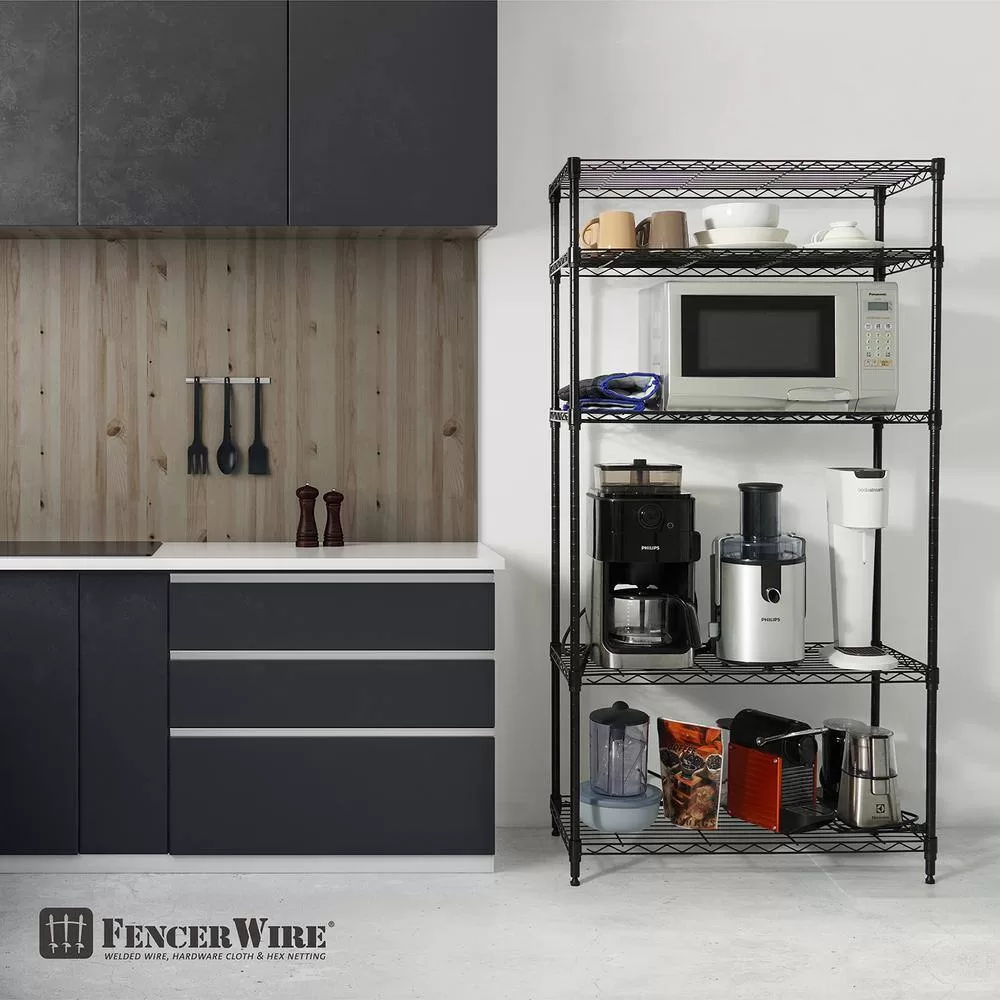 Fencer Wire RWW-CH30145BK Black 5-Tier Metal Adjustable Height Garage Storage Shelving Unit with Leveling Feet
