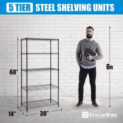 Fencer Wire RWW-CH30145BK Black 5-Tier Metal Adjustable Height Garage Storage Shelving Unit with Leveling Feet