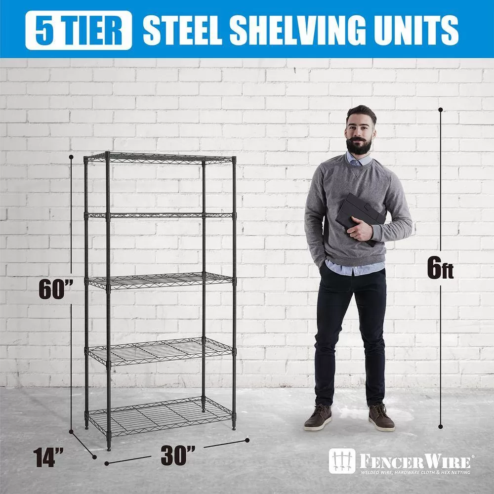 Fencer Wire RWW-CH30145BK Black 5-Tier Metal Adjustable Height Garage Storage Shelving Unit with Leveling Feet