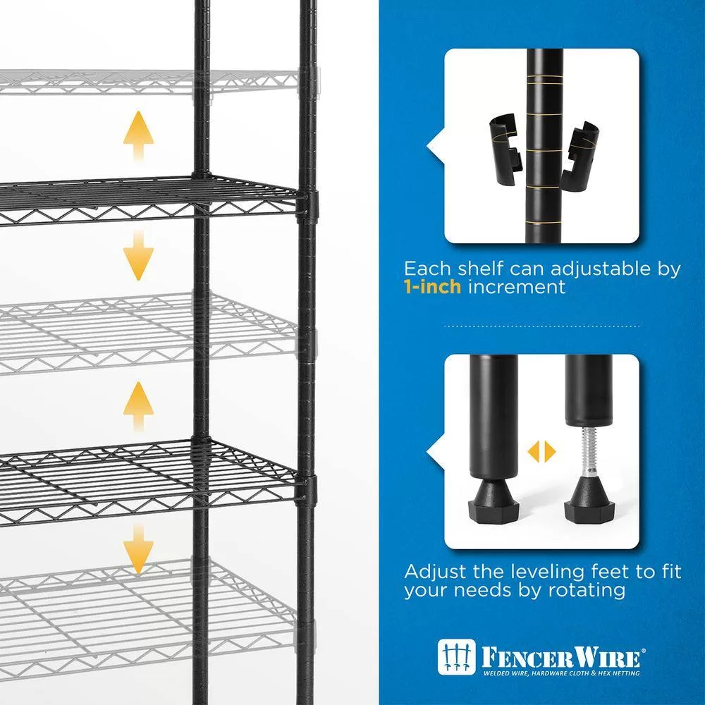 Fencer Wire RWW-CH30145BK Black 5-Tier Metal Adjustable Height Garage Storage Shelving Unit with Leveling Feet