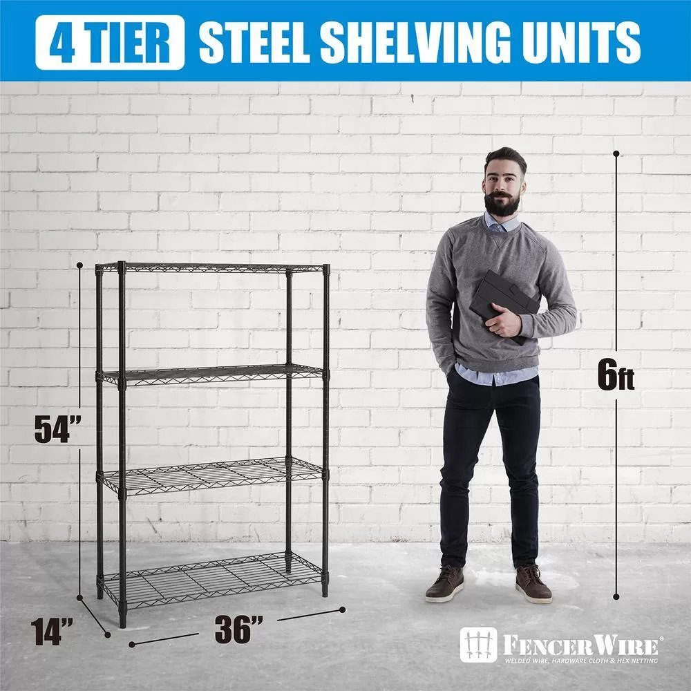 Fencer Wire Black 4-Tier Adjustable Height Wire Shelving Unit, Garage Shelving Storage Organizer