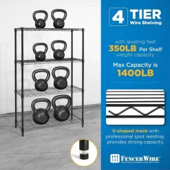 Fencer Wire Black 4-Tier Adjustable Height Wire Shelving Unit, Garage Shelving Storage Organizer