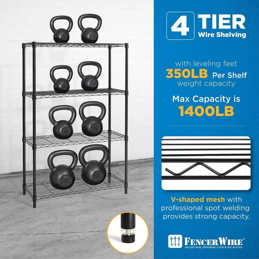Fencer Wire Black 4-Tier Adjustable Height Wire Shelving Unit, Garage Shelving Storage Organizer