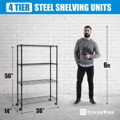 Fencer Wire Black 4-Tier Metal Garage Storage Shelving Unit with Leveling Feet and Wheels (36 in. W x 14 in. D x 56 in. H)