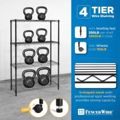 Fencer Wire Black 4-Tier Metal Garage Storage Shelving Unit with Leveling Feet and Wheels (36 in. W x 14 in. D x 56 in. H)
