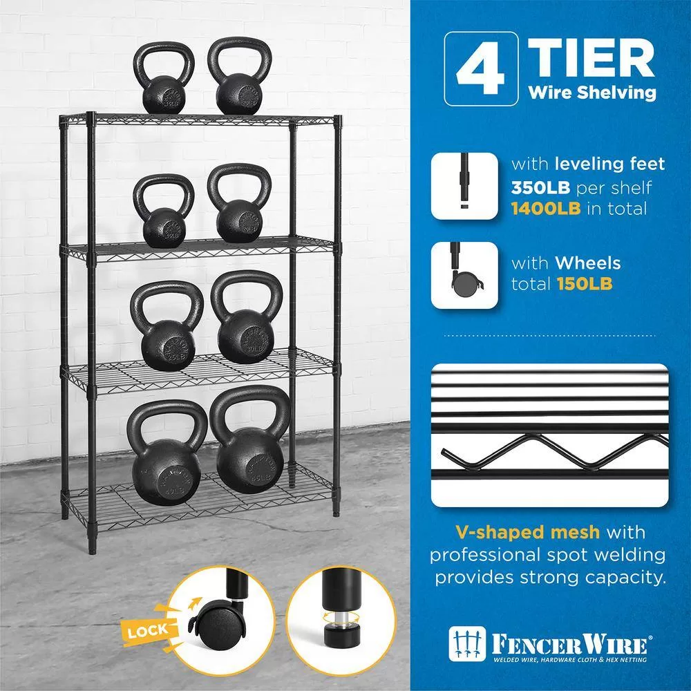 Fencer Wire Black 4-Tier Metal Garage Storage Shelving Unit with Leveling Feet and Wheels (36 in. W x 14 in. D x 56 in. H)