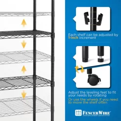 Fencer Wire Black 4-Tier Metal Garage Storage Shelving Unit with Leveling Feet and Wheels (36 in. W x 14 in. D x 56 in. H)