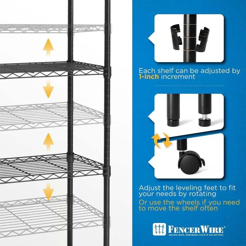 Fencer Wire Black 4-Tier Metal Garage Storage Shelving Unit with Leveling Feet and Wheels (36 in. W x 14 in. D x 56 in. H)