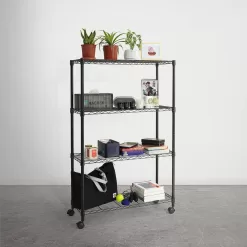 Fencer Wire Black 4-Tier Metal Garage Storage Shelving Unit with Leveling Feet and Wheels (36 in. W x 14 in. D x 56 in. H)