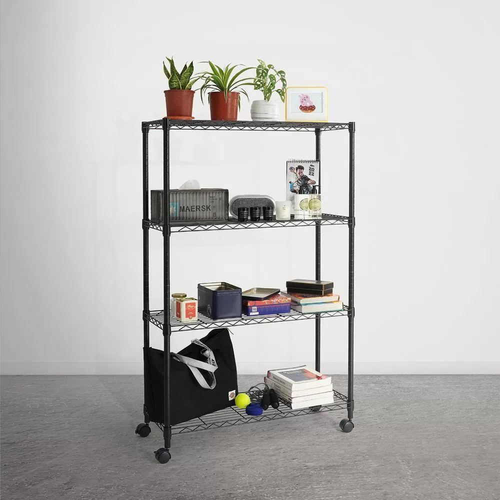 Fencer Wire Black 4-Tier Metal Garage Storage Shelving Unit with Leveling Feet and Wheels (36 in. W x 14 in. D x 56 in. H)