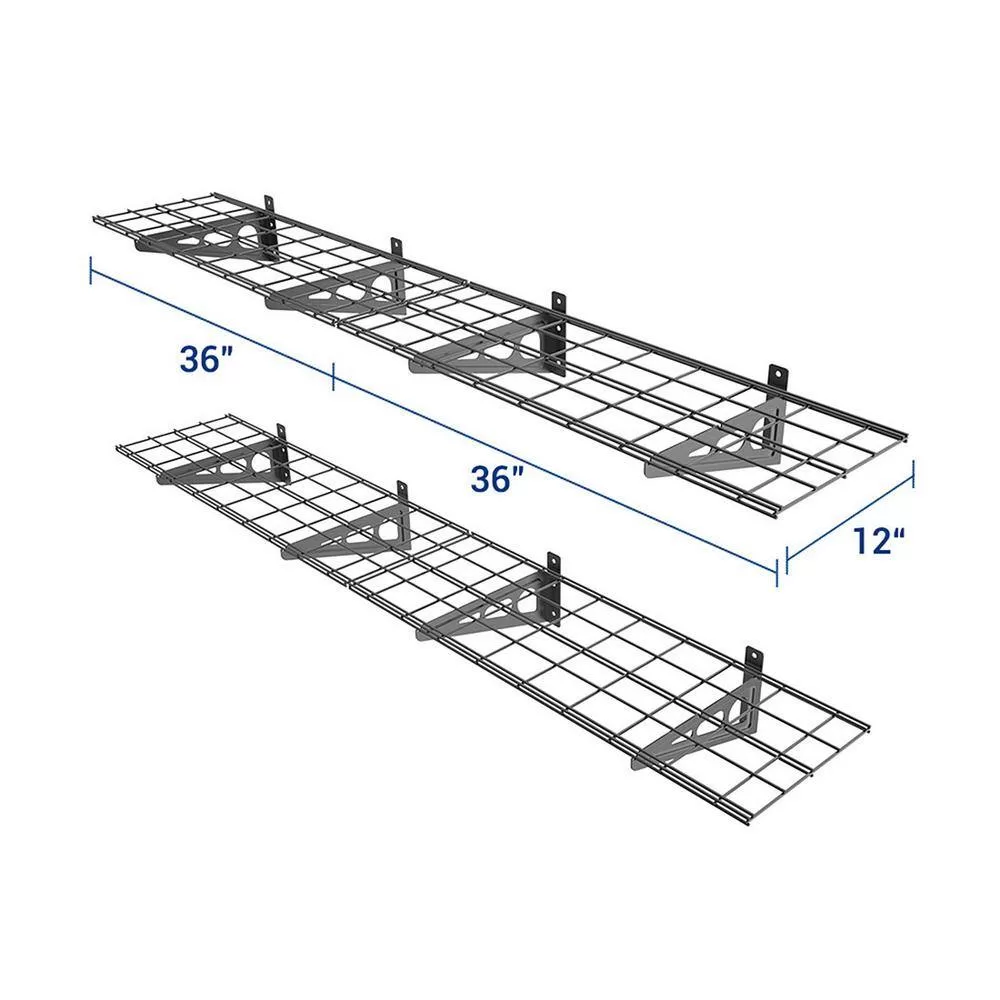FLEXIMOUNTS WR16B-E 4-Pack 36 in. x 12 in. Steel Garage Wall Shelf with Brackets in Black