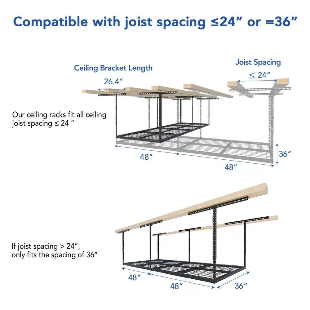 FLEXIMOUNTS GR38B-E Adjustable Height Overhead Ceiling Mount Garage Rack in Black (96 in. W x 36 in. D)