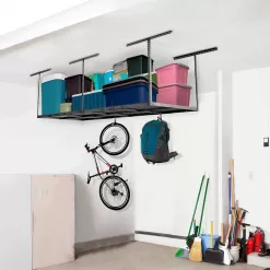 FLEXIMOUNTS GR38B-E Adjustable Height Overhead Ceiling Mount Garage Rack in Black (96 in. W x 36 in. D)