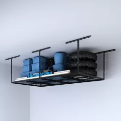 FLEXIMOUNTS GR48B-E Adjustable Height Overhead Ceiling Mount Garage Rack in Black (96 in. W x 48 in. D)