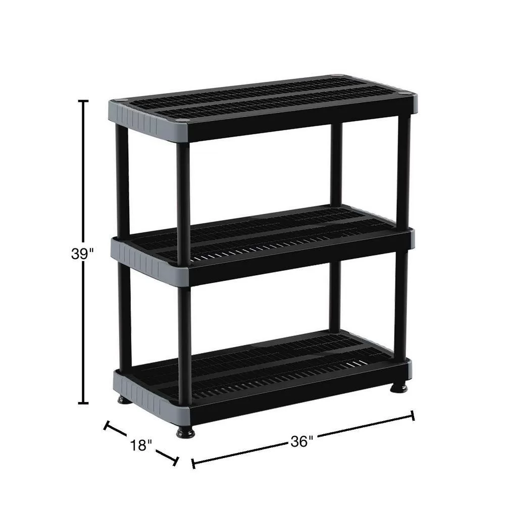 Rimax 10014 Black 3-Tier Plastic Garage Storage Shelving Unit (36 in. W x 39 in. H x 18 in. D)