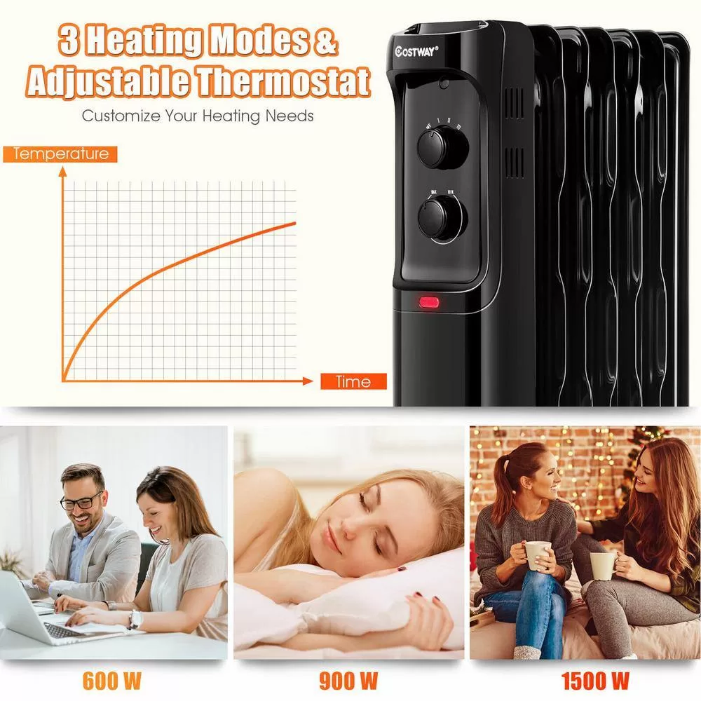 Costway EP24919US-BK 1500-Watt Electric Oil-Filled Radiant Space Heater with Adjustable Thermostat