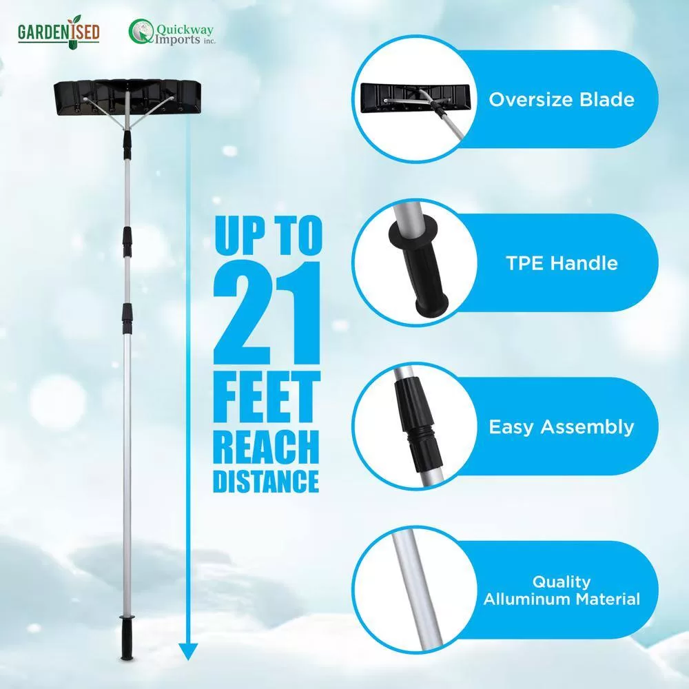 Gardenised Snow Rake Shovel for Roof Cleaning with 21 ft. Twist-N-Lock Extendable Lightweight Aluminum Handle