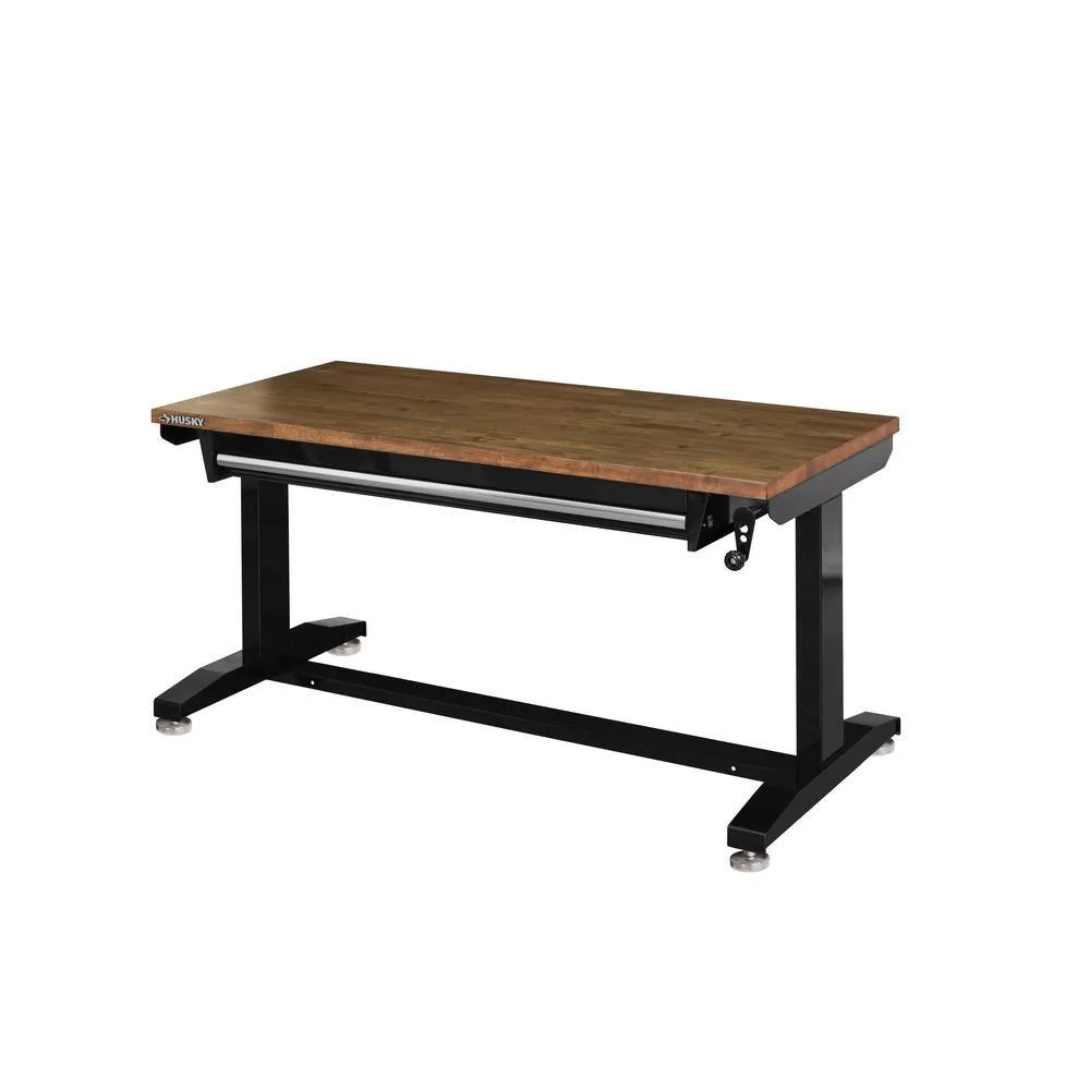 Husky 52 in.W x 24 in. D Steel 1-Drawer Adjustable Height Workbench with Dark Stained Wood Top in Gloss Black