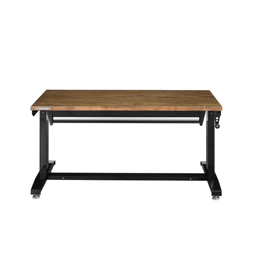 Husky 52 in.W x 24 in. D Steel 1-Drawer Adjustable Height Workbench with Dark Stained Wood Top in Gloss Black