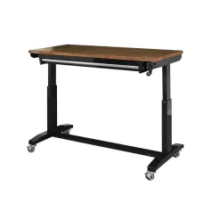Husky 52 in.W x 24 in. D Steel 1-Drawer Adjustable Height Workbench with Dark Stained Wood Top in Gloss Black