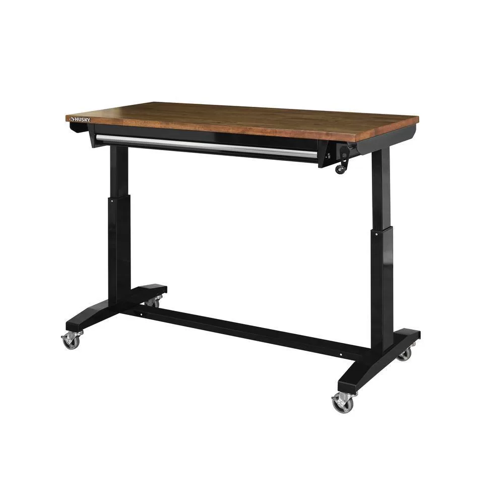 Husky 52 in.W x 24 in. D Steel 1-Drawer Adjustable Height Workbench with Dark Stained Wood Top in Gloss Black