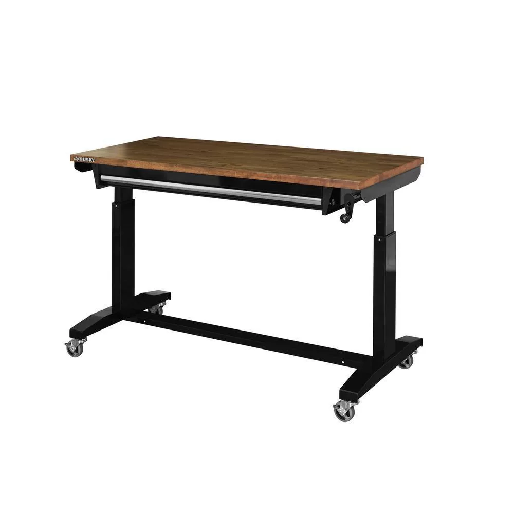 Husky 52 in.W x 24 in. D Steel 1-Drawer Adjustable Height Workbench with Dark Stained Wood Top in Gloss Black