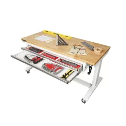 Husky 52 in. W x 24 in. D Steel 2-Drawer Adjustable Height Solid Wood Top Workbench Table in White