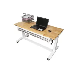 Husky 52 in. W x 24 in. D Steel 2-Drawer Adjustable Height Solid Wood Top Workbench Table in White