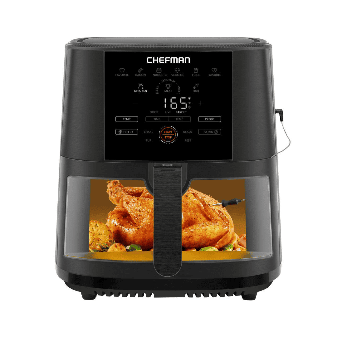 Chefman 8 qt. Black Air Fryer with Probe Thermometer, 8-Preset Functions, 1-Touch Digital Display, and Window