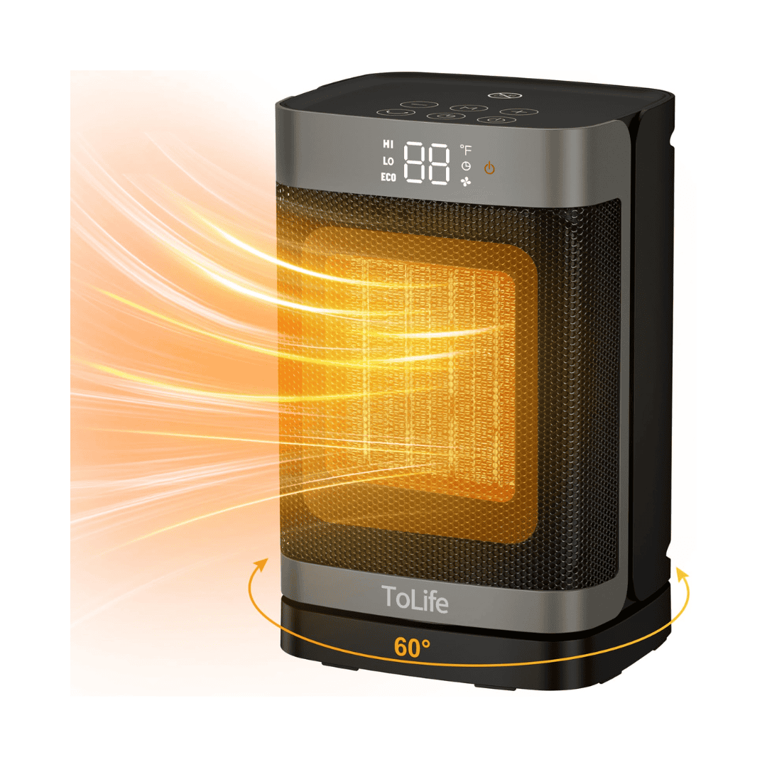 ToLife Space Heater Indoor with Thermostat, 1500W PTC Electric Heater, 60°Oscillating, 4 Modes, 12h Timer