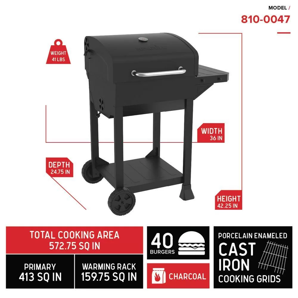 Nexgrill 810-0047 Cart-Style Charcoal Grill in Black with Side Shelf