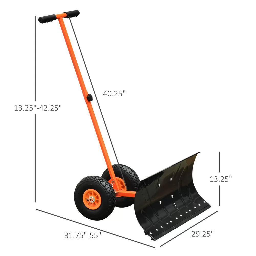 Outsunny 15.75 in. Metal Angle-Adjustable Handle Steel Heavy-Duty Snow Shovel Rolling Pusher w/29 in. Blade