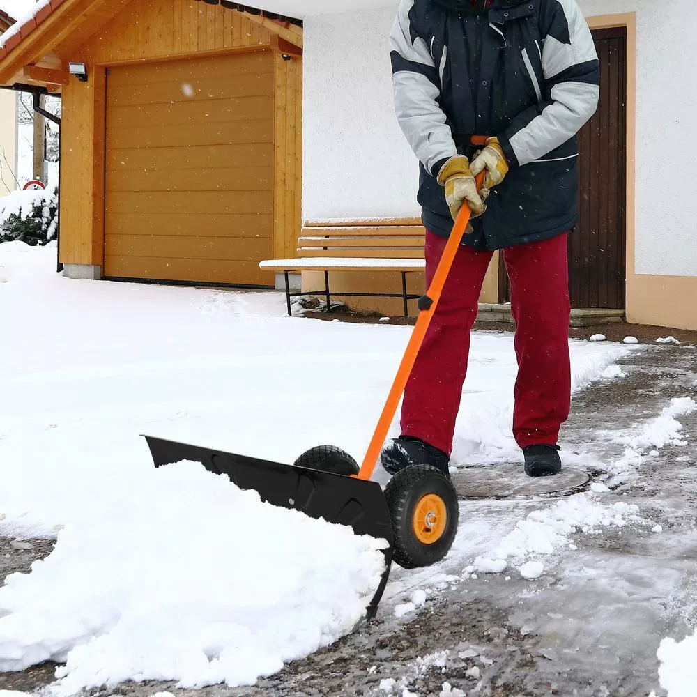Outsunny 15.75 in. Metal Angle-Adjustable Handle Steel Heavy-Duty Snow Shovel Rolling Pusher w/29 in. Blade