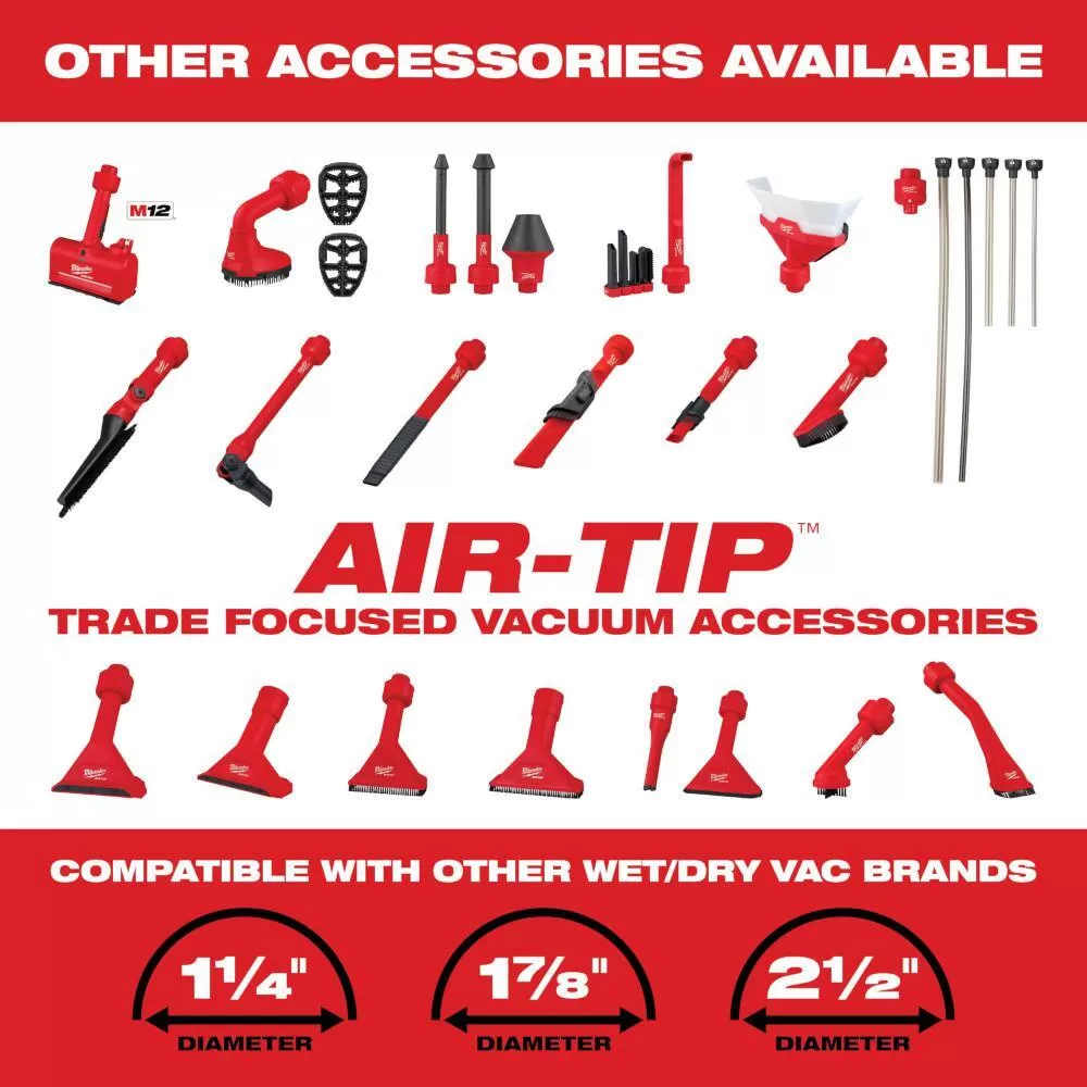 Milwaukee M18 FUEL PACKOUT Cordless 2.5 Gal Wet/Dry Vacuum w/AIR-TIP 1-1/4 in. - 2-1/2 in. (7-Piece) Long Reach Flexible Hose Set