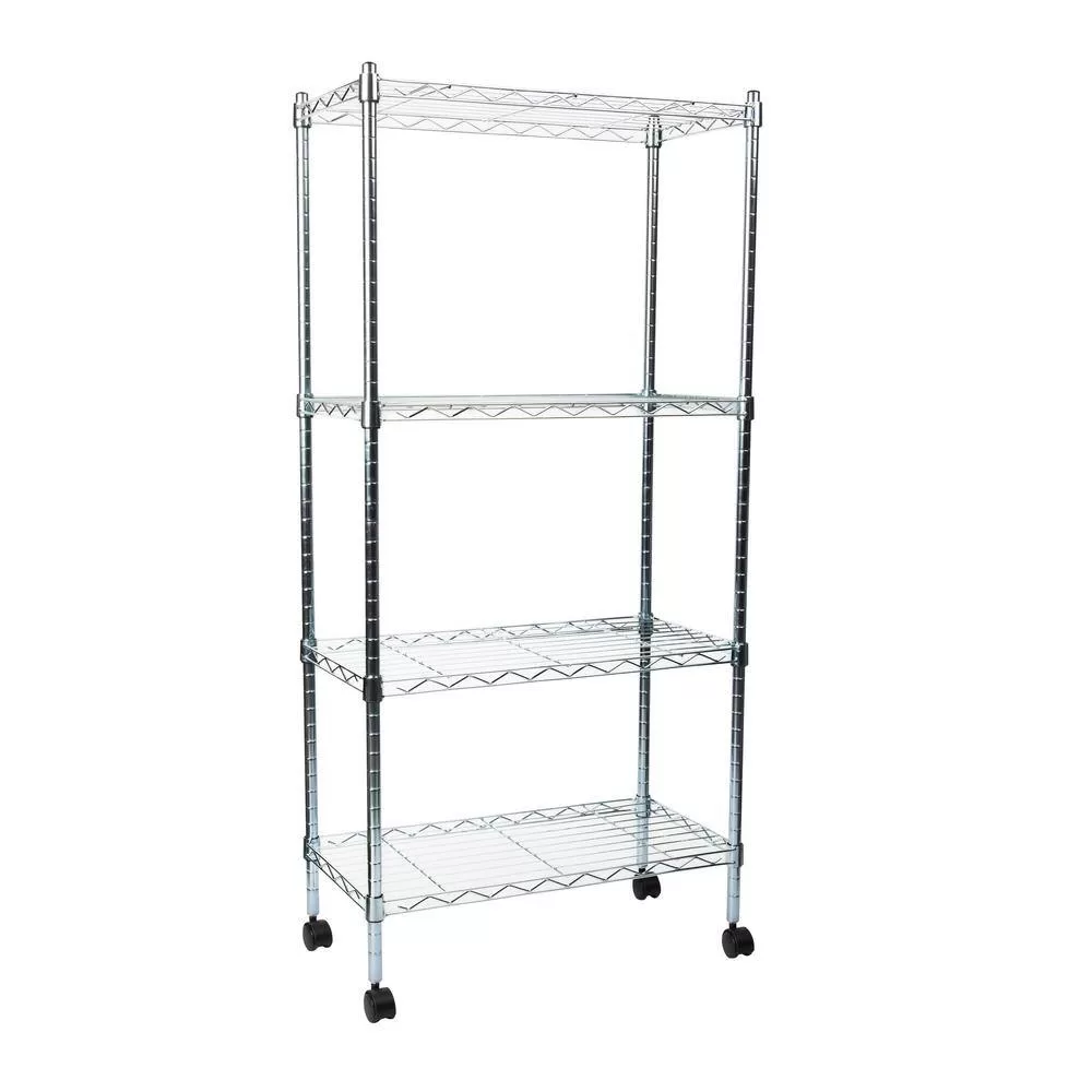 Mind Reader Silver Alloy Collection, Adjustable 4-Tier Industrial Storage Shelves with Wheels, Metal