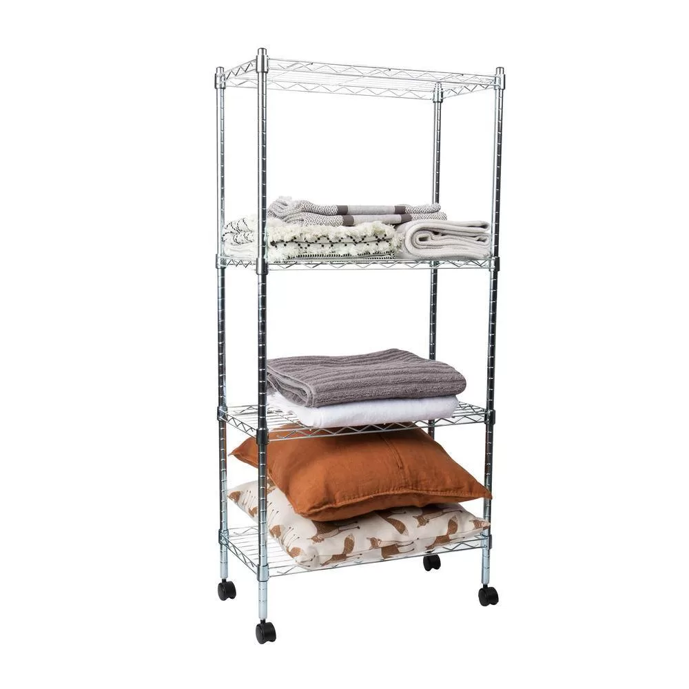 Mind Reader Silver Alloy Collection, Adjustable 4-Tier Industrial Storage Shelves with Wheels, Metal